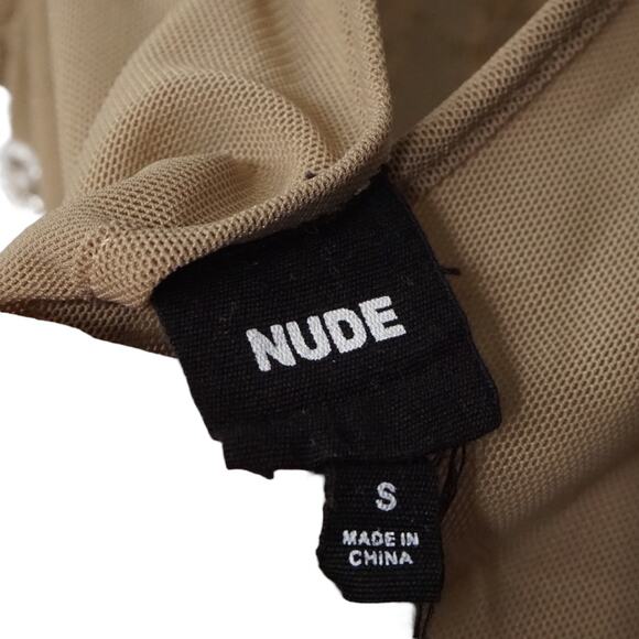 Nude Women's S Size S Bead Embellished Mesh Bodysuit Tan Elevated Basic Layering - Picture 5 of 10